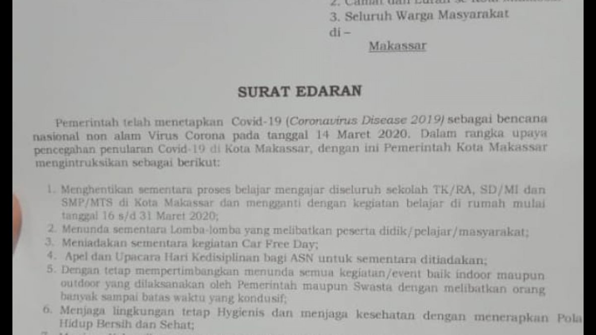 Pemkot Makassar Keluarkan Edaran, Liburkan Sekolah hingga Tiadakan CFD