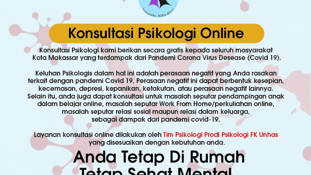 Respon Wabah Covid-19, Unhas Sediakan Layanan Konsultasi Psikologi Gratis