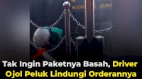 VIDEO: Tak Ingin Paketnya Basah, Driver Ojol Peluk Lindungi Orderannya