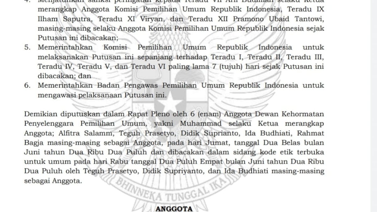DKPP Kabulkan Sebagian Gugatan Novianus Patanduk, 4 Komisioner KPU Diberi Sanksi