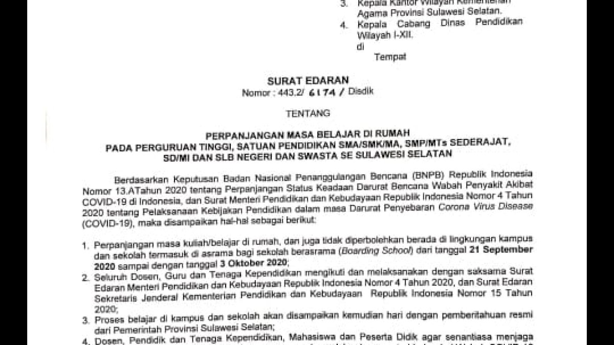 Disdik Sulsel Kembali Perpanjang Proses Belajar Daring Hingga 3 Oktober