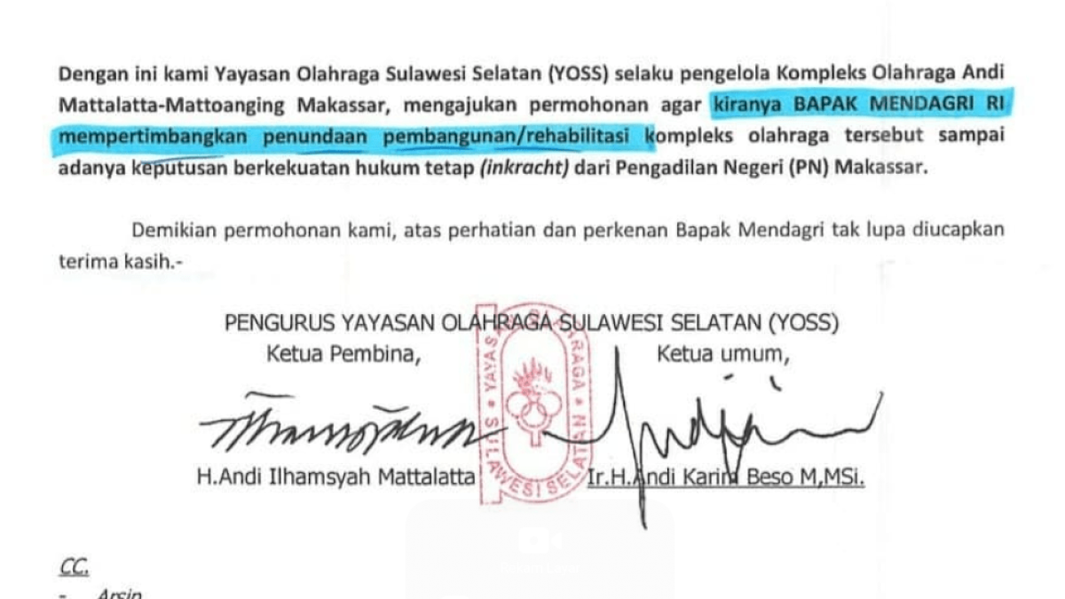 YOSS Surati Mendagri Mohon Penundaan Rehabilitasi Stadion Mattoanging