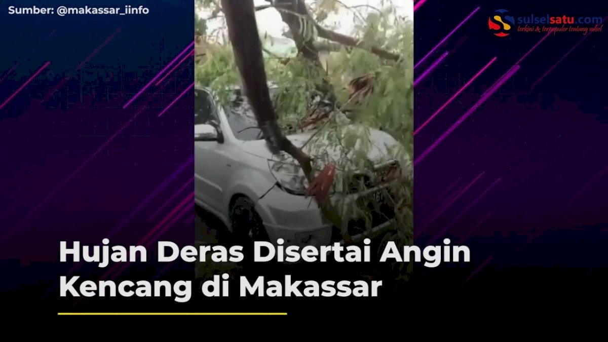 VIDEO: Hujan Deras Disertai Angin Kencang di Makassar, 1 Mobil Tertimpa Pohon