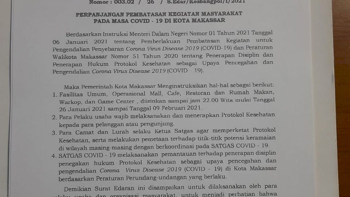 Pembatasan Jam Malam di Makassar Berlanjut