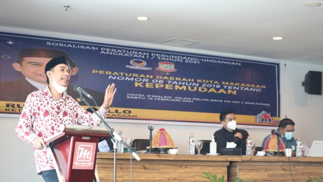 Ketua DPRD Kota Makassar, Rudianto Lallo menggelar Sosialisasi Peraturan Daerah (Perda) tentang Kepemudaan, di Hotel D'Maleo, Jalan Pelita Raya, Sabtu (13/2/2021).