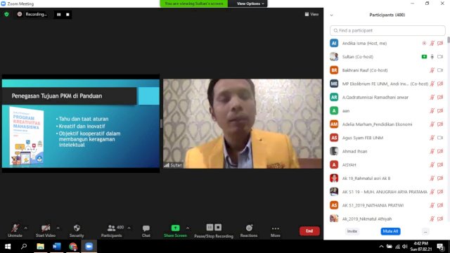 FEB UNM Gelar Sosialisasi dan Pembekalan PKM 2021 via zoom