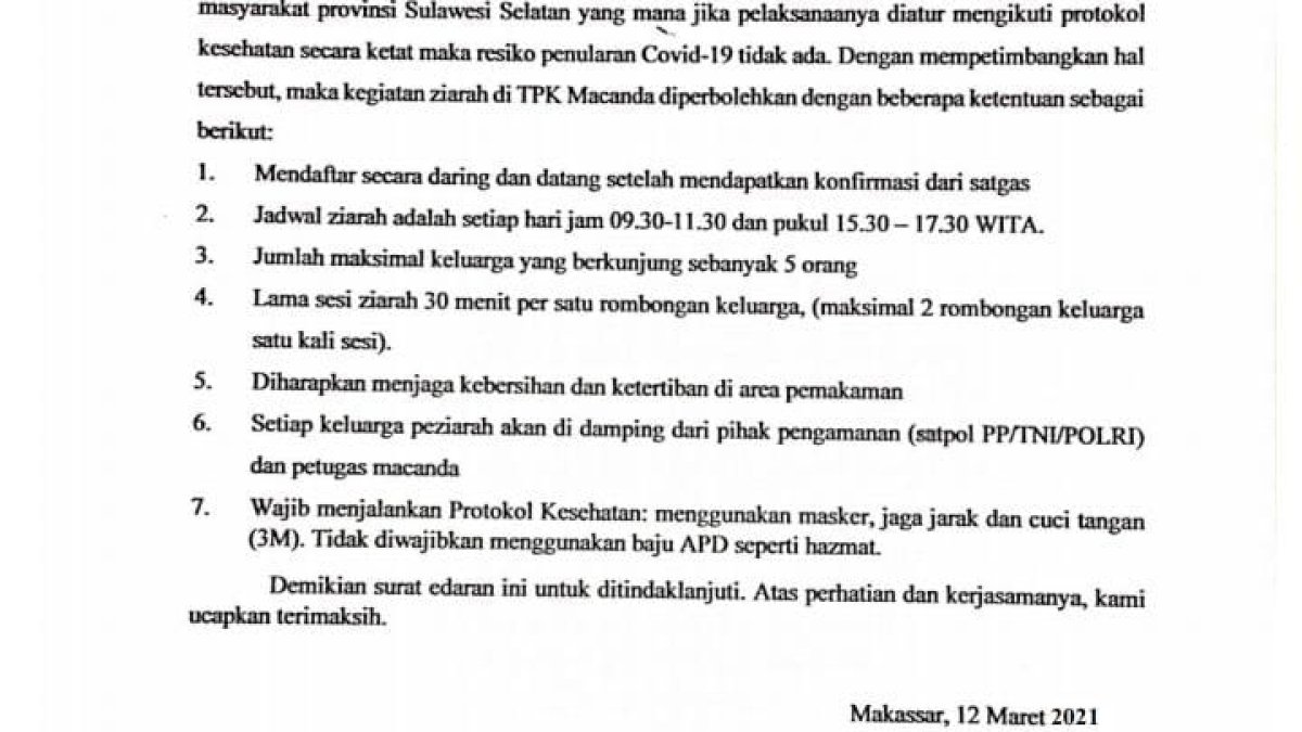Ini Petunjuk Teknis Pembukaan Ziarah TPK Covid-19 Macanda