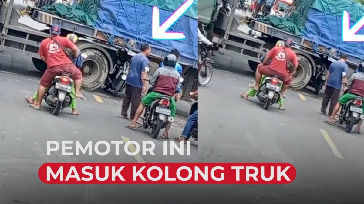 VIDEO: Aksi Nekat Pemotor Terobos Kolong Truk Kontainer