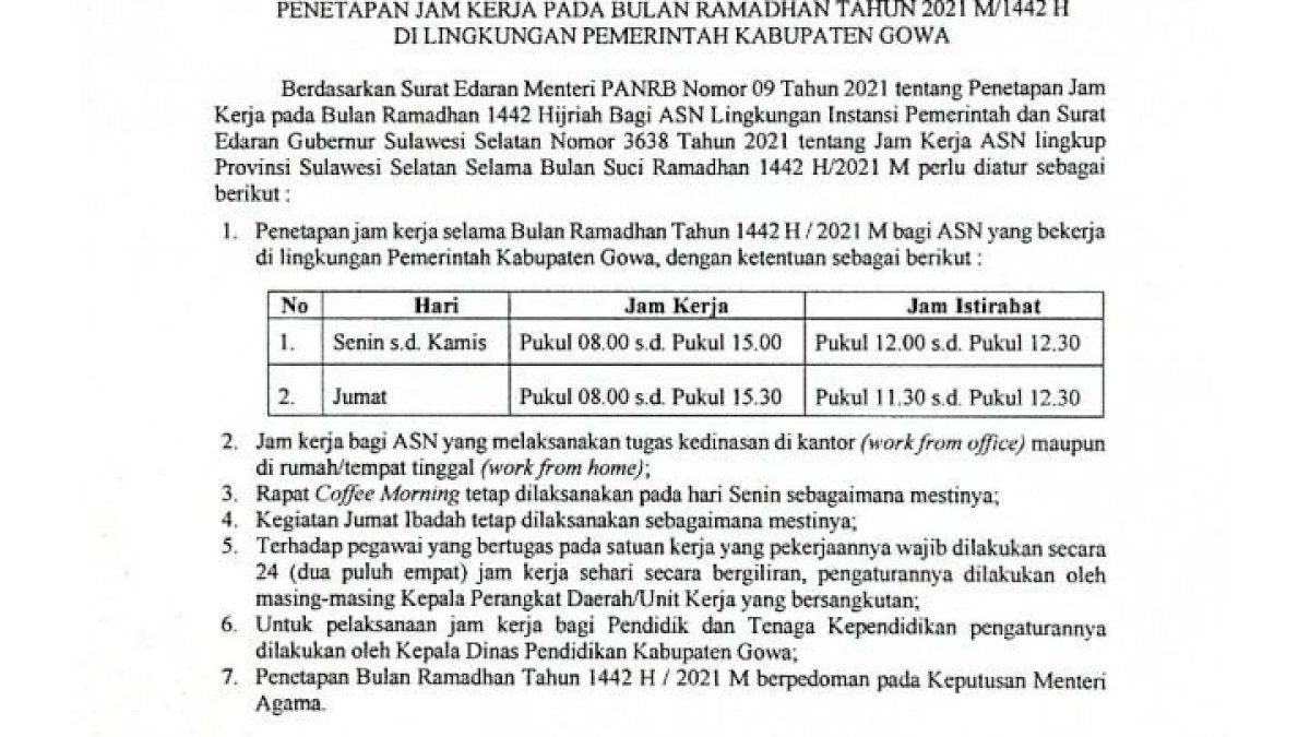 Bupati Gowa Keluarkan Surat Edaran Jam Kerja ASN Selama Ramadan
