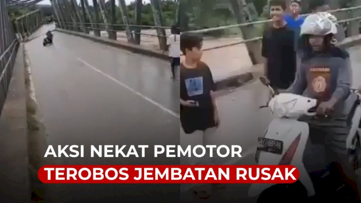 VIDEO: Aksi Nekat Pemotor Terobos Jembatan Rusak