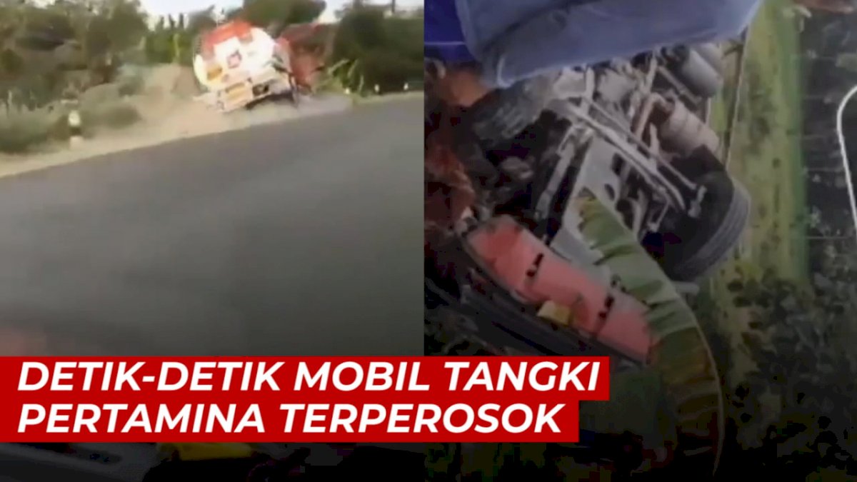 VIDEO: Detik-detik Mobil Tangki Pertamina Terperosok di Jalan Surabaya-Madiun