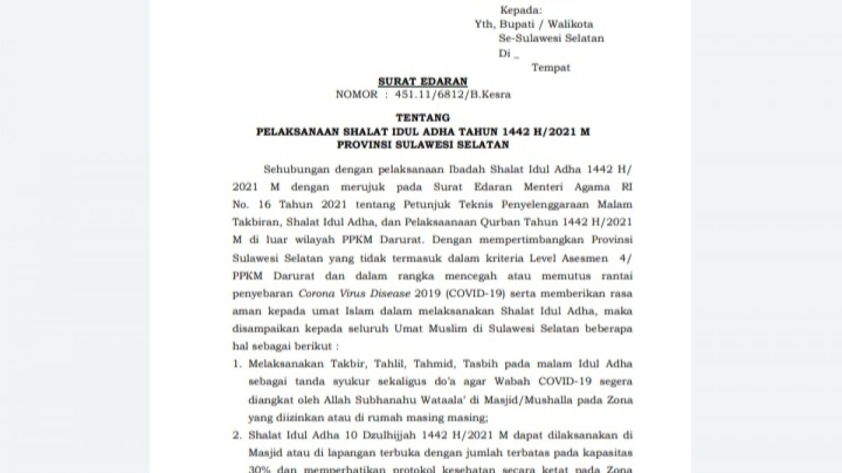 Pemprov Sulsel Izinkan Warga Shalat Idul Adha di Lapangan, Asal!