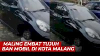 VIDEO: Viral, Maling Embat Tujuh Ban Mobil di Kota Malang