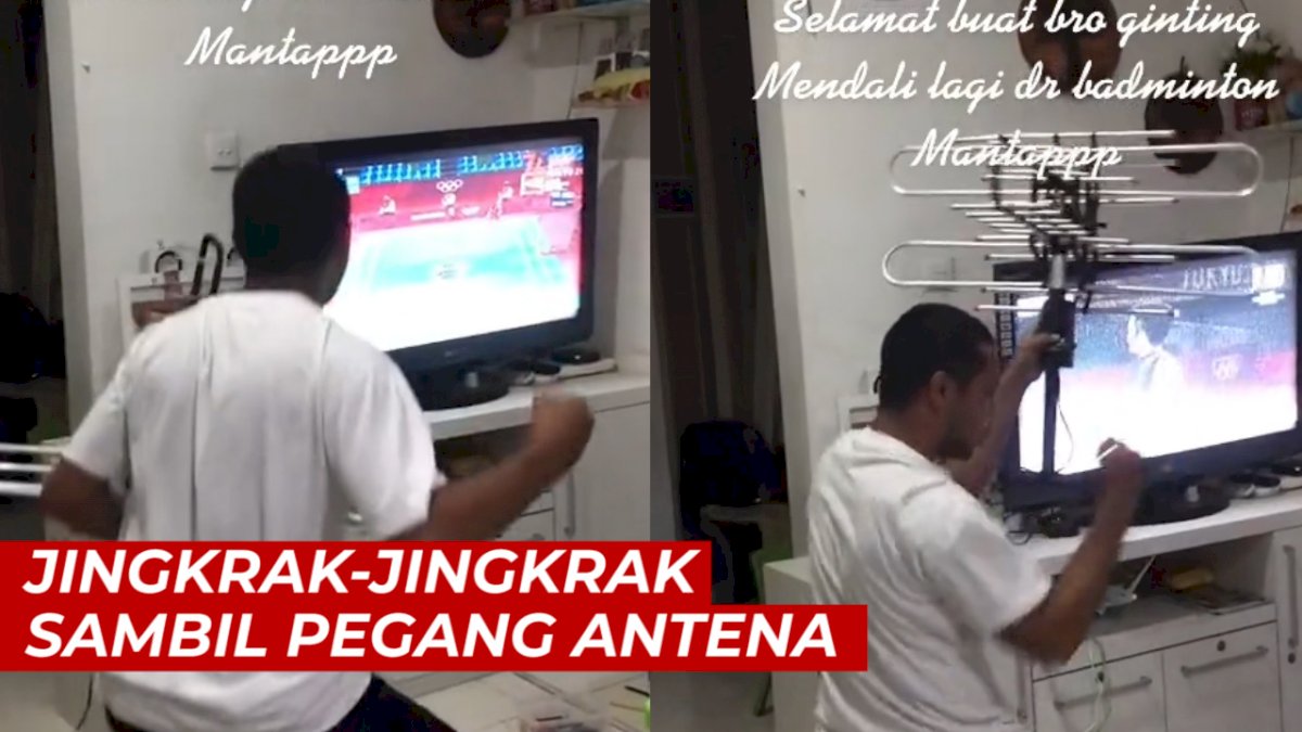 VIDEO: Aksi Kocak Bapak-bapak Pegang Antena Saat Tonton Pertandingan Greysia/Apriyani