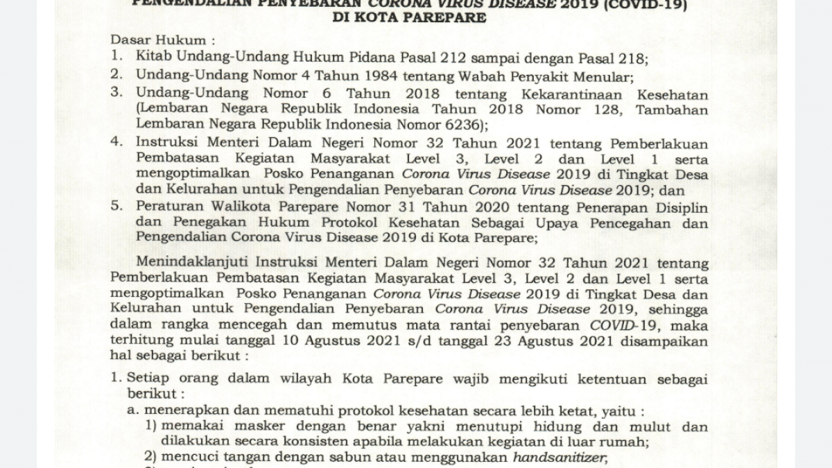 Parepare Perpanjang PPKM Level 3, Aktivitas Usaha Dilonggarkan
