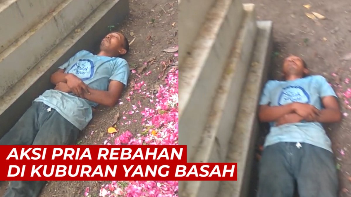 VIDEO: Viral, Aksi Seorang Pria Rebahan di Kuburan yang Basah