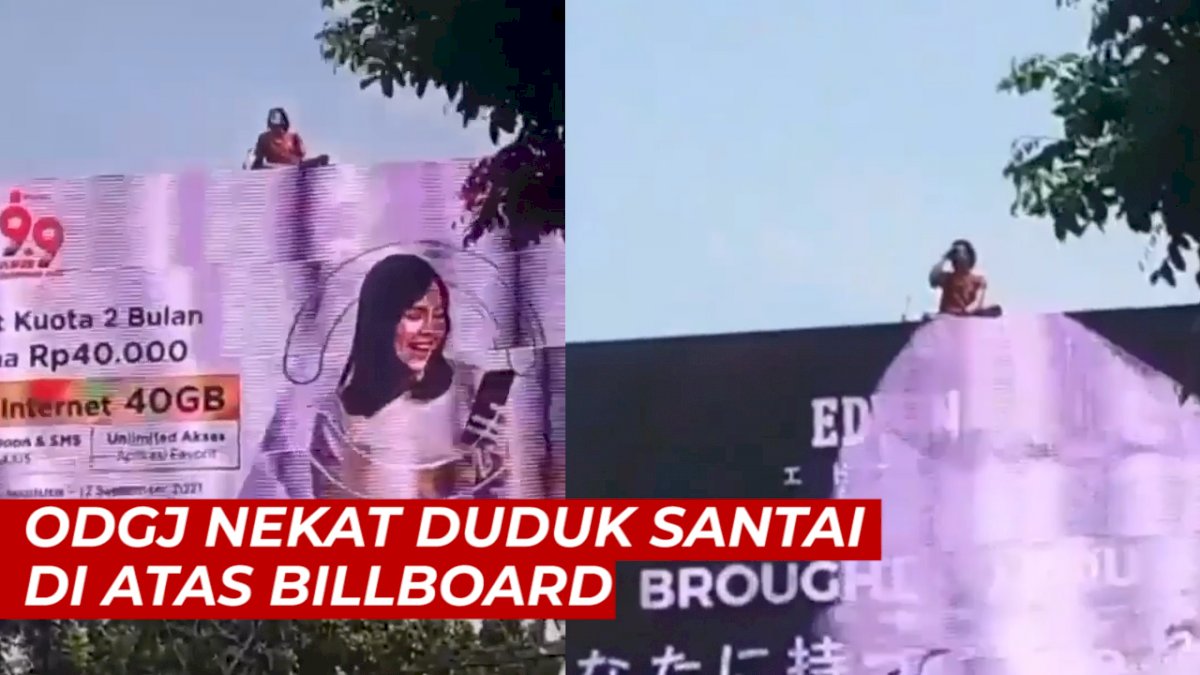 VIDEO: Bikin Heboh, ODGJ Nekat Duduk Santai di Atas Billboard
