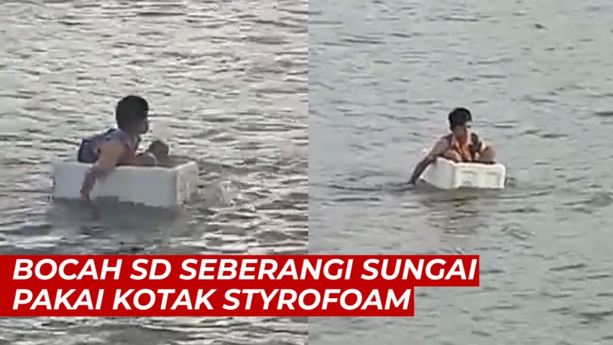 VIDEO: Tidak Ada Jembatan, Bocah SD Seberangi Sungai Pakai Kotak Styrofoam