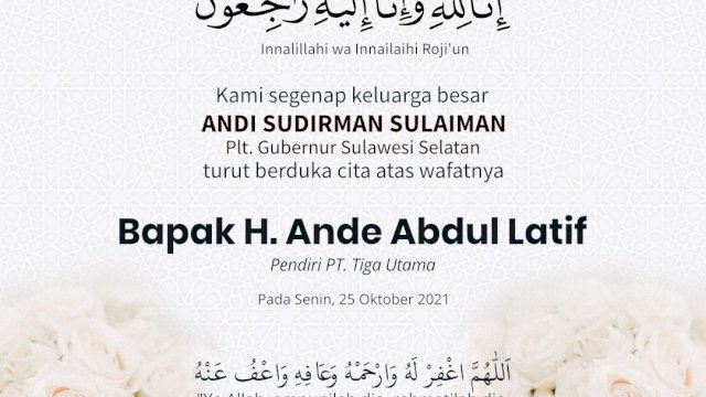 Ucapan Duka Plt Gubernur Sulsel Andi Sudirman Sulaiman, (Ist)