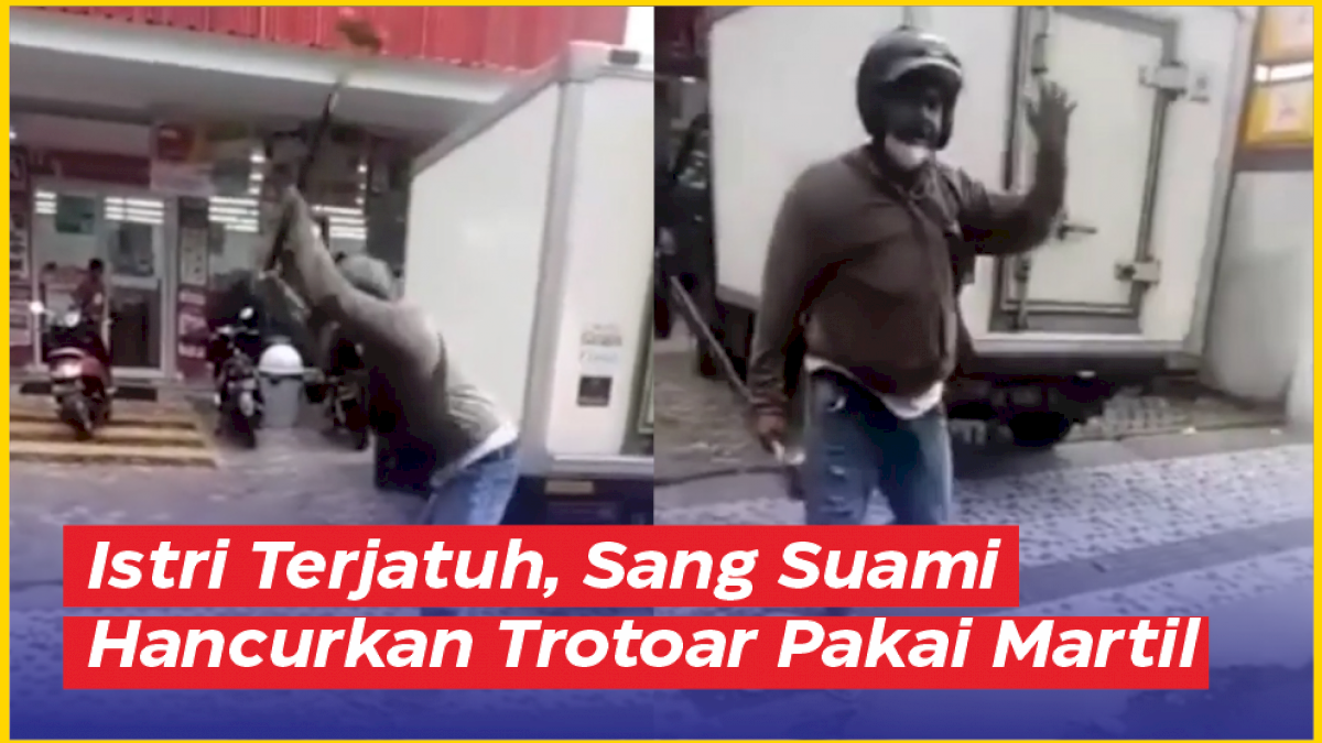 VIDEO: Istri Terjatuh di Atas Trotoar, Sang Suami Hancurkan Trotoar Pakai Martil