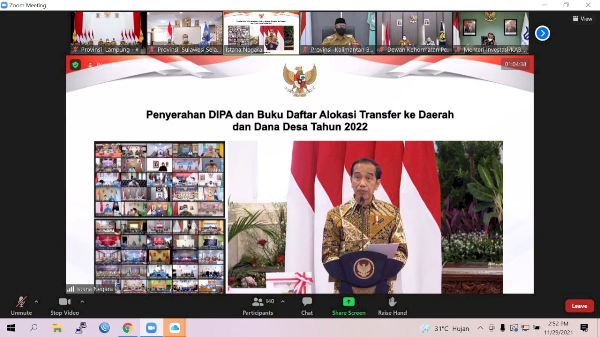 Plt Gubernur Sulsel Hadiri Penyerahan DIPA dan Buku Daftar Alokasi Transfer ke Daerah dan DD Tahun 2022