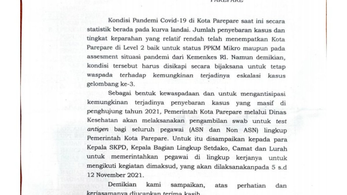 Cegah Penyebaran Masif Covid-19, Pegawai Pemkot Parepare Wajib Swab Test Antigen
