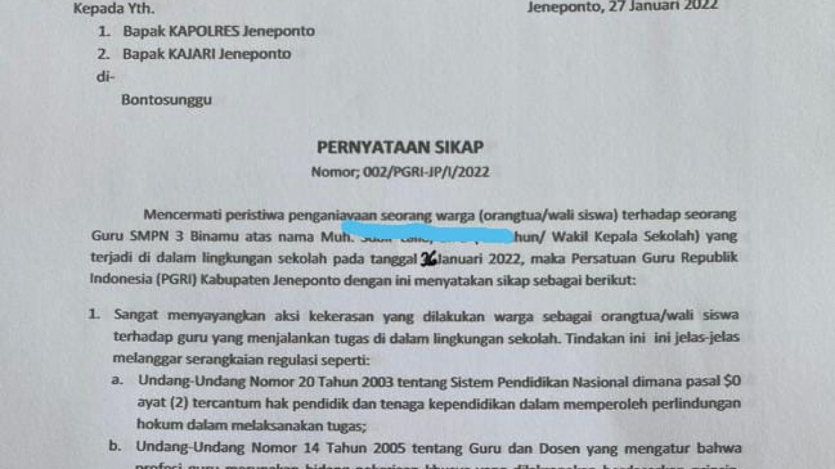 PGRI Jeneponto Desak Pelaku Penganiayaan Guru SMP Yang Tegur Siswa Merokok Diusut