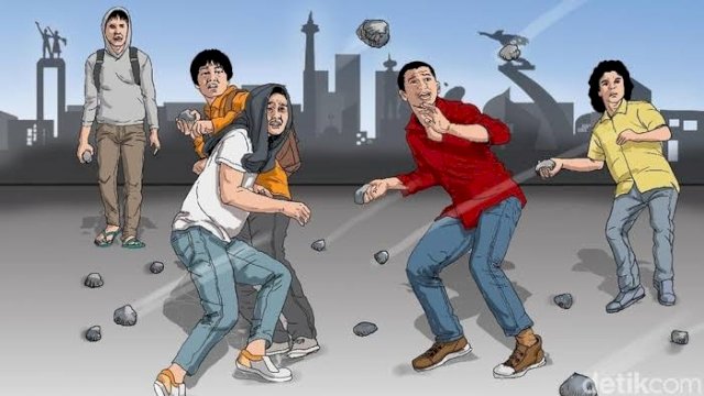 Ilustrasi tawuran. Seorang disabilitas di Makassar tewas terkena busur saat menghindari tawuran di Karuwisi (detikcom)