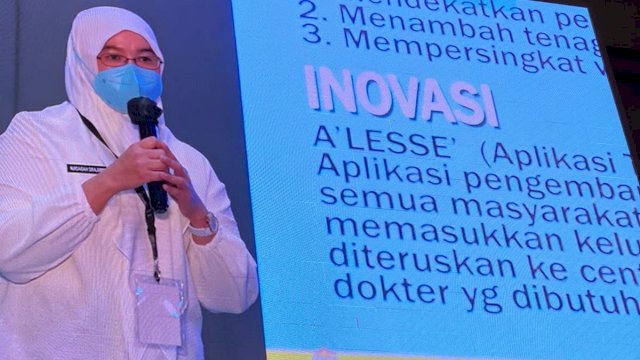Kadinkes Kota Makassar Nursaidah Sirajuddin memaparkan inovasi Dinkes Makassar dalam Rakorsus 2022 (Ist) 