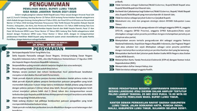 Pengumuman Pemilihan Wakil Bupati Luwu Timur Sisa Masa Jabatan 2021-2026. Ist