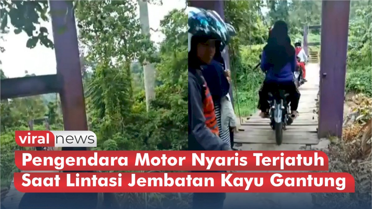 VIDEO: Detik-detik Pengendara Motor Nyaris Terjatuh Saat Lintasi Jembatan Kayu Gantung