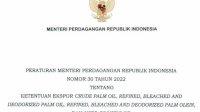 Kemendag Terbitkan Permendag No 30 Tahun 2022 Tentang Syarat Ekspor CPO dan Minyak Goreng