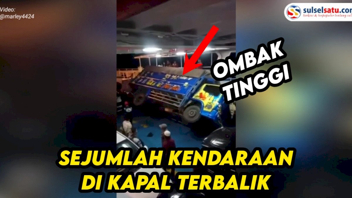 VIDEO: Gelombang Tinggi, Sejumlah Kendaraan Terguling di Kapal Penyeberangan Selat Bali Akibat Ombak