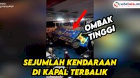 VIDEO: Gelombang Tinggi, Sejumlah Kendaraan Terguling di Kapal Penyeberangan Selat Bali Akibat Ombak