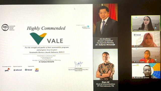 PT Vale Indonesia Tbk (PT Vale) dianugerahi penghargaan Sustainable Business Awards (SBA) kategori Highly Commended (dok. PT Vale)