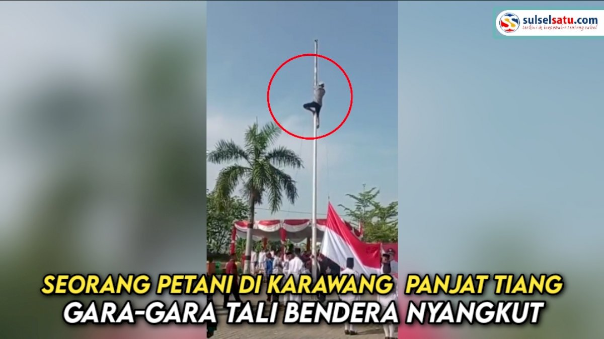 VIDEO: Aksi Heroik Seorang Petani di Karawang Panjat Tiang Gara-gara Tali Bendera Nyangkut