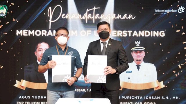 Penandatanganan kerja sama antara Pemkab Gowa bersama PT Telkom Regional VII Makassar di Kantor Telkom Regional Makassar, Senin 1 Agustus 2022 (dokumen: Pemkab Gowa).
