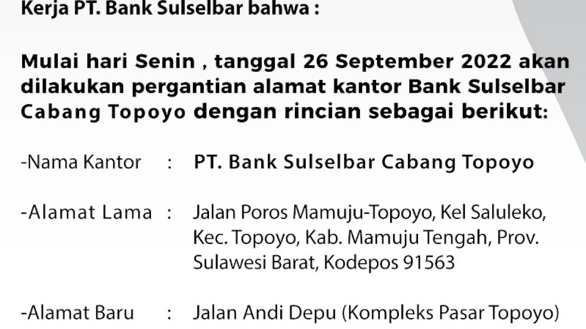 Bank Sulselbar Cabang Topoyo Pindah Alamat, Ini Lokasinya