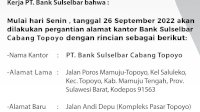 Bank Sulselbar Cabang Topoyo Pindah Alamat, Ini Lokasinya