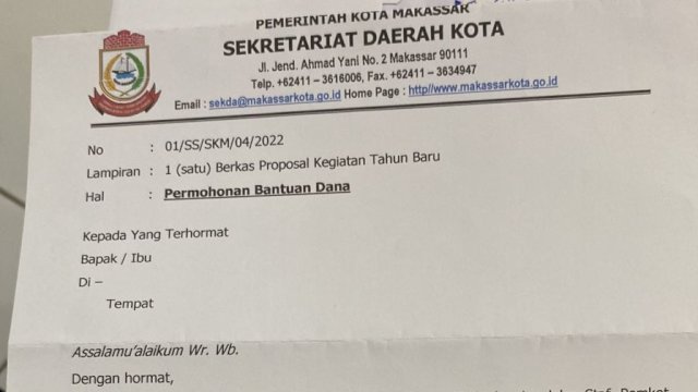 Proposal palsu permintaan bantuan yang mencatut nama Wakil Wali Kota Makassar Fatmawati Rusdi (dokumen: istimewa)