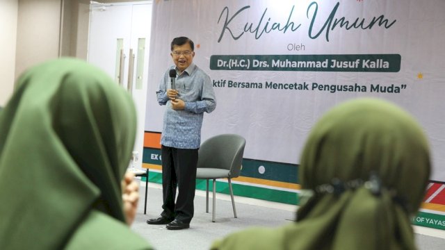 Jusuf Kalla yang hadir dalam Kuliah Umum Kalla Inatitute (dokumen: istimewa).