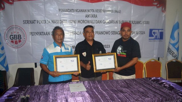 Penandatanganan MoU antara DPC SPN Morowali bersama GBB yang langsung diwakili oleh Ketua Umum GBB, Lukman Hakim dan disaksikan oleh Ketua Umum SPN, Joko Heriyono (dokumen: istimewa)