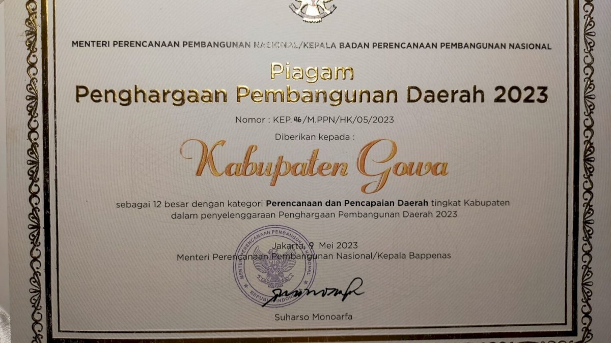 Pemkab Gowa Terima Penghargaan PPD Terbaik Ke-4 Tingkat Nasional