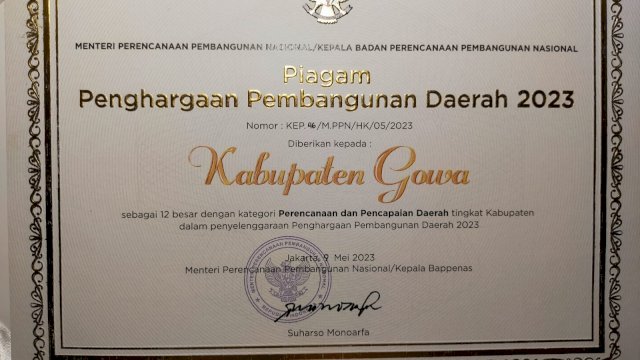 Penghargaan Pembangunan Daerah (PPD) Tahun 2023 Kabupaten Gowa dari Kementerian Perencanaan Pembangunan Nasional/Badan Perencanaan Pembangunan Nasional (Foto: Istimewa).