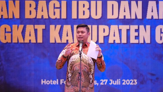 Bupati Gowa saat membuka seminar Peran Kepala Desa dalam Percepatan Penurunan Angka Stunting (Foto: Istimewa)