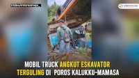 VIDEO: Tak Kuat Nanjak, Mobil Truk Angkut Eskavator Terguling di Poros Kalukku-Mamasa
