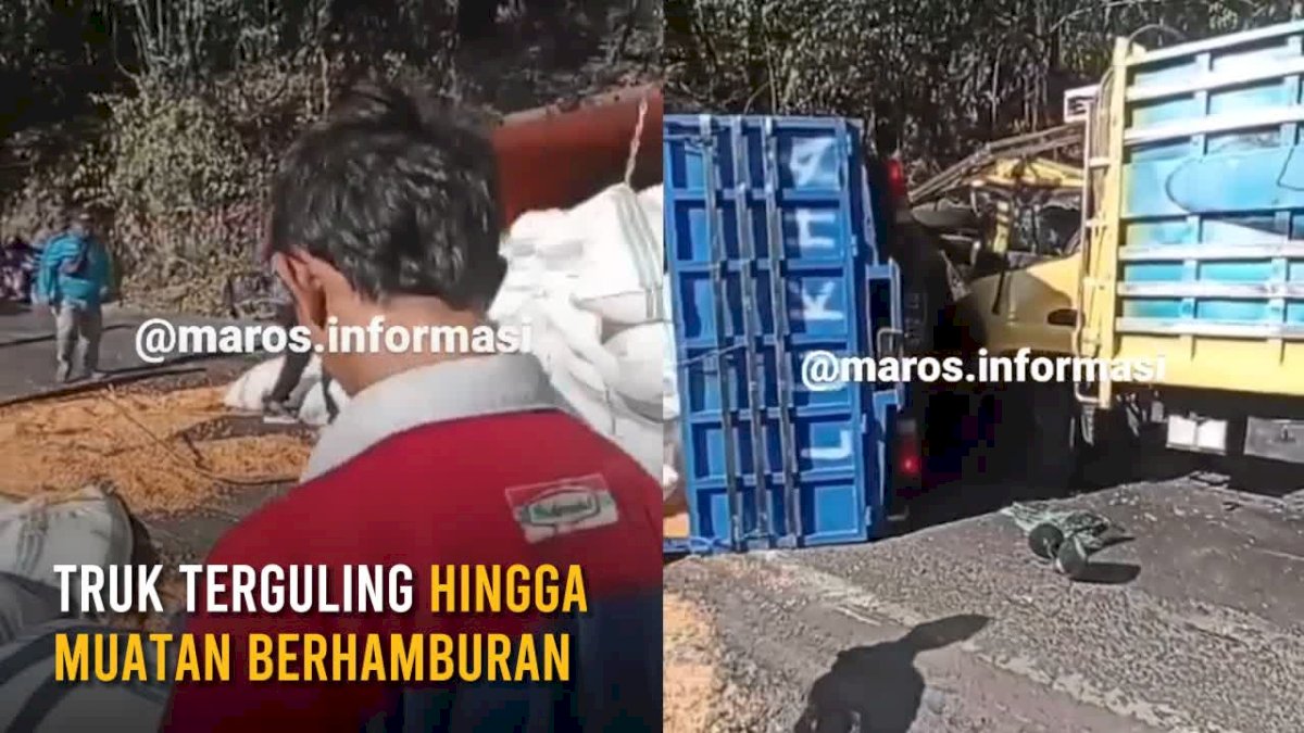 VIDEO: Kecelakaan di Kappang Maros, Truk Terguling hingga Muatan Berhamburan di Jalan