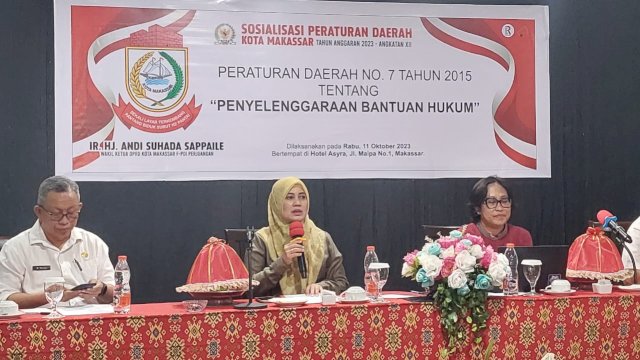 Wakil Ketua DPRD Makassar Andi Suhada Sappaile menggelar sosialisasi Perda No 7 tahun 2015 tentang Penyelenggaraan bantuan hukum di Hotel Asyra, Rabu (11/10/2023). Foto/Sulselsatu