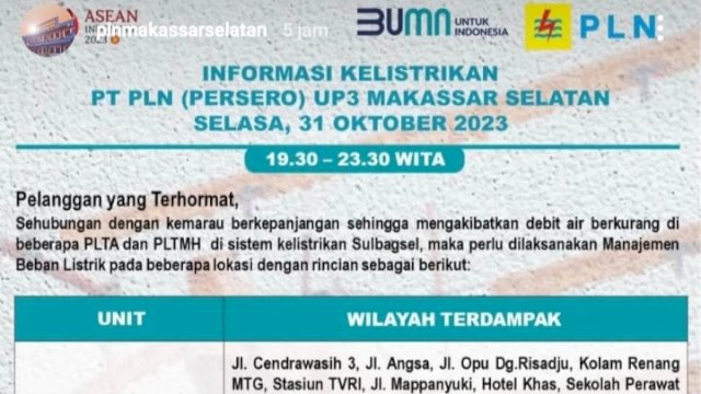 Jadwal pemadaman listrik malam ini 31 Oktober 2023. Foto: Istimewa