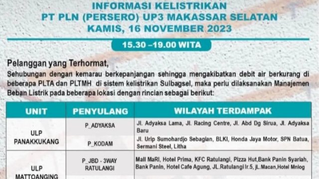 Jadwal pemadaman listrik Kamis 16 Bovemebr 2023. Foto: Istimewa